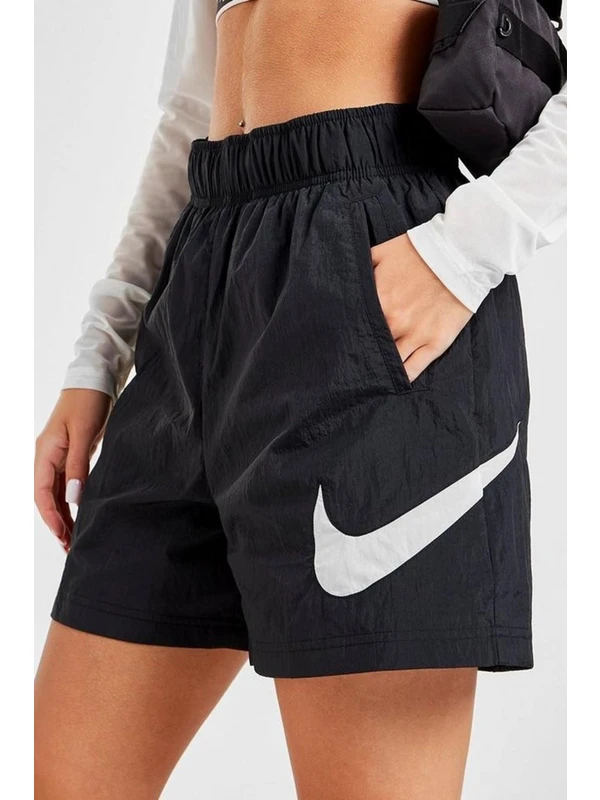 Nike Sportswear Loose Fit Woven Shorts Black File Astarlı Ipli Bol Kesim Kadın Siyah Şort