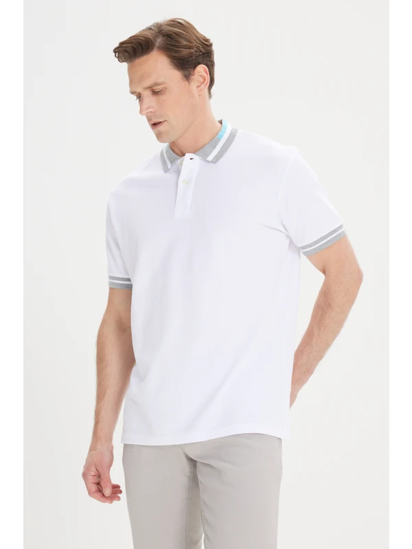 AC&Co / Altınyıldız Classics Erkek Beyaz Slim Fit Dar Kesim %100 Pamuk Kıvrılmaz Polo Yaka Tişört