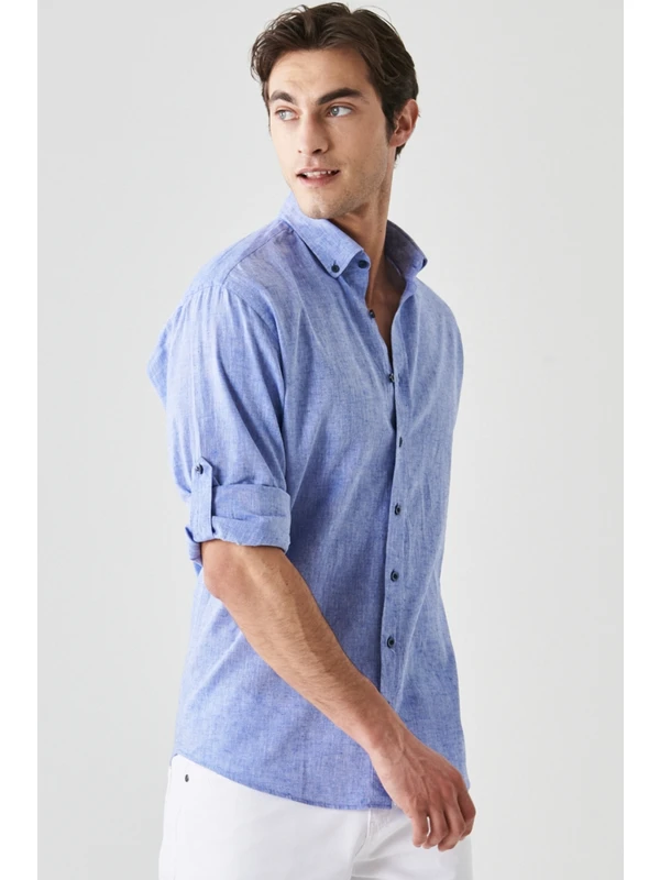 AC&Co / Altınyıldız Classics Erkek Saks Mavi Comfort Fit Rahat Kesim Düğmeli Yaka Casual Keten Gömlek