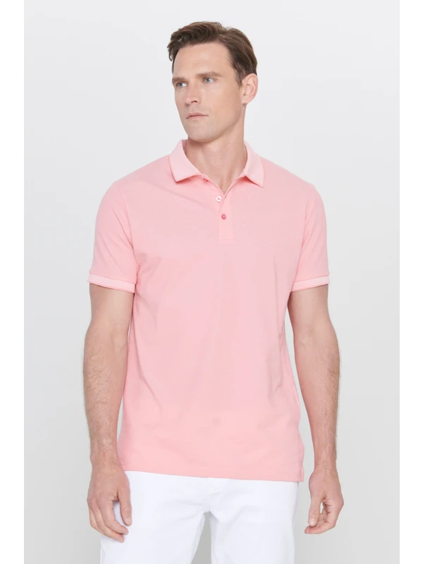 AC&Co / Altınyıldız Classics Erkek Çekmeyen Pamuklu Kumaş Slim Fit Dar Kesim Pembe-Beyaz Kıvrılmaz Polo Yaka Tişört