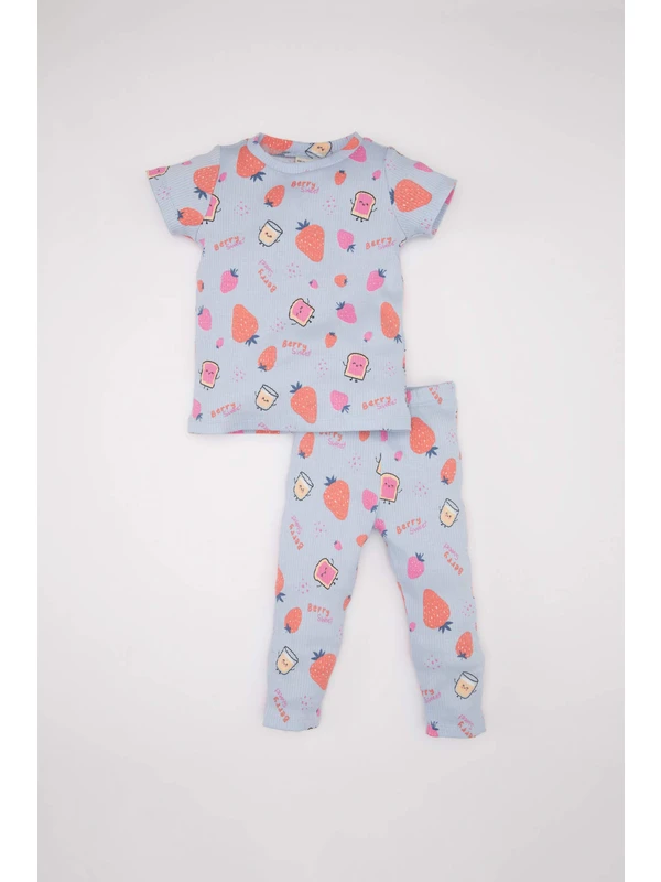 DeFacto Kız Bebek Desenli Kısa Kollu Fitilli Kaşkorse Pijama Takımı C3477A524SM