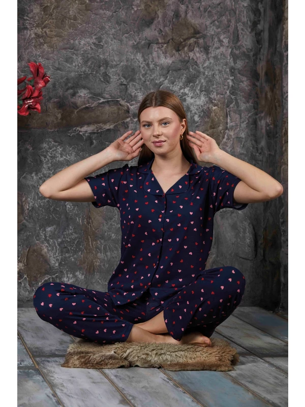 Sude Homewear Kadın Kalp Desenli Kısa Kol Pijama Takımı