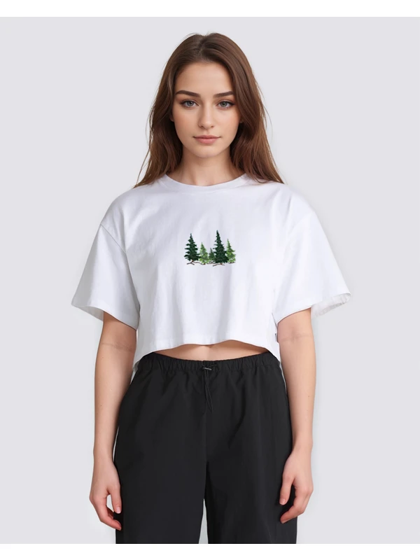 Jimback Crop Pine Forest %100 Pamuk Nakışlı T-Shirt Beyaz