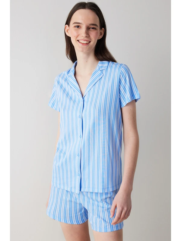 Penti Blue Stripes Gömlek Şort Pijama Takımı