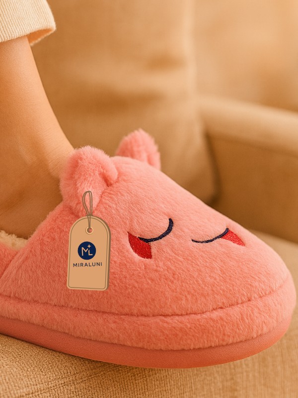Miraluni Kadın Pembe Peluş Panduf Ev Terliği, Kışlık Sıcak Tutucu, Kaymaz Taban, Sevimli Tasarım görsel 3