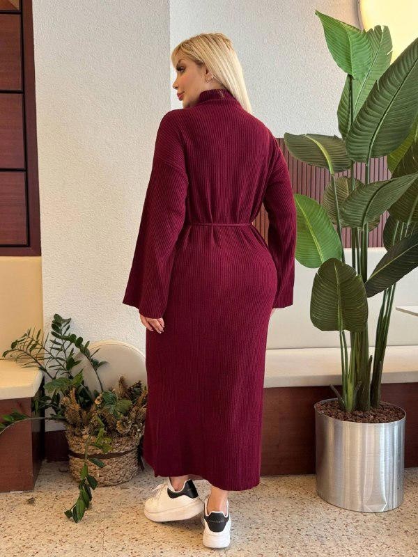 ViolettaXL Kadın Büyük Beden Yarım Balıkçı Yaka, Fitilli Kuşaklı Triko Elbise görsel 8
