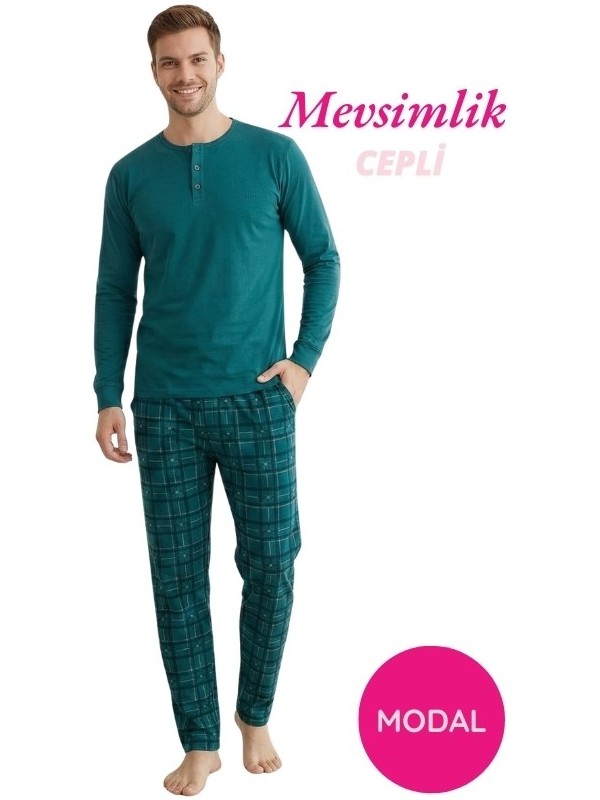 Guava Erkek Siyah Modal 3 Düğmeli Ekose Desen Pamuk Likra Mevsimlik Manşetli Uzun Kol Cepli Pijama Takımı