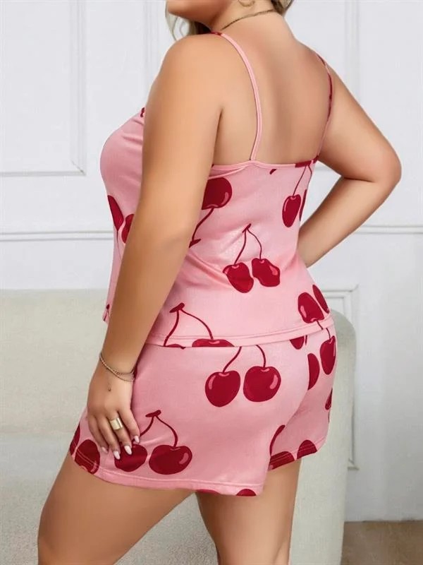 Colezium Arias Closet Büyük Beden Pembe Kiraz Desen Ince Askılı Pamuklu Şortlu Pijama Takımı görsel 3