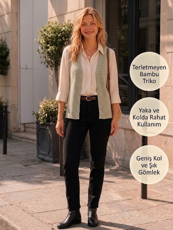 Urumday Kadın V Yaka Düğmeli Fitilli İnce Bambu Merserize Yelek