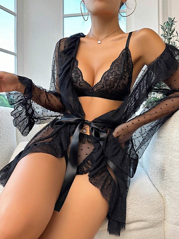 my cherie Puantiye Fırfırlı Tüllü Dantel Kimono Külot Sütyen Takım Seksi Gecelik