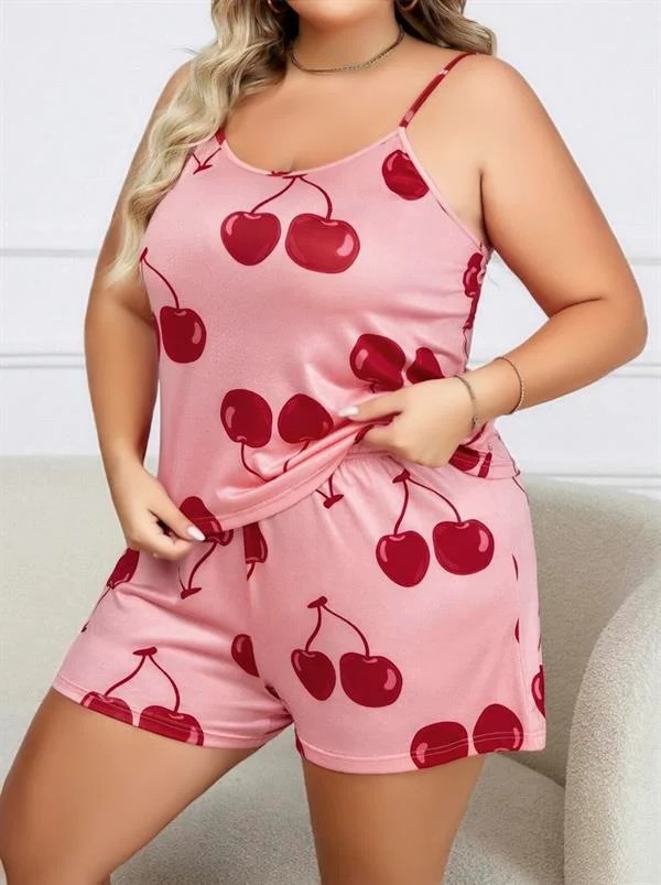 Colezium Arias Closet Büyük Beden Pembe Kiraz Desen Ince Askılı Pamuklu Şortlu Pijama Takımı görsel 2