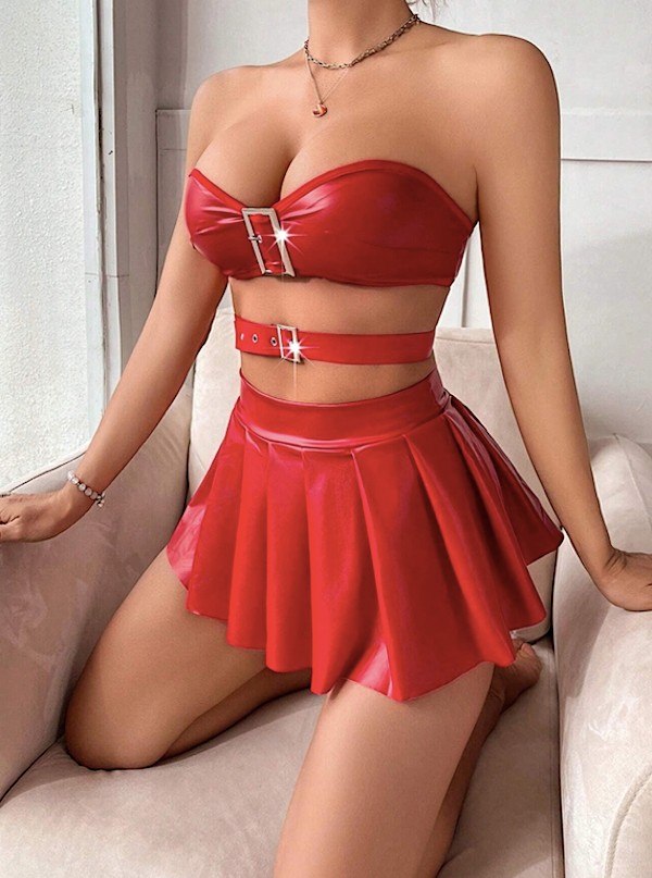 my cherie Tokalı Kemerli Mini Etek Büstiyer Kemer Takım Kırmızı görsel 3