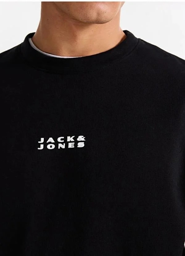Jack & Jones Erkek Siyah Uzun Kollu Sweatshirt Regular Fit Cepsiz Minimal Tasarım görsel 2