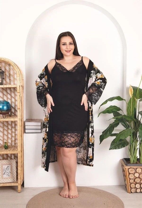 Ang Butik Büyük Beden Çiçek Desenli Dantel Işlemeli 2'li Viskon Siyah Gecelik Sabahlık Takımı