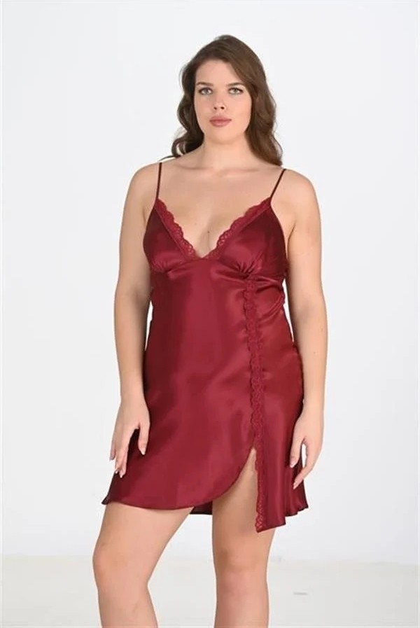 Fantastik Store Premium Büyük Beden Saten Dantel Işlemeli Bordo 2'li Gecelik Sabahlık Takımı Bigsize