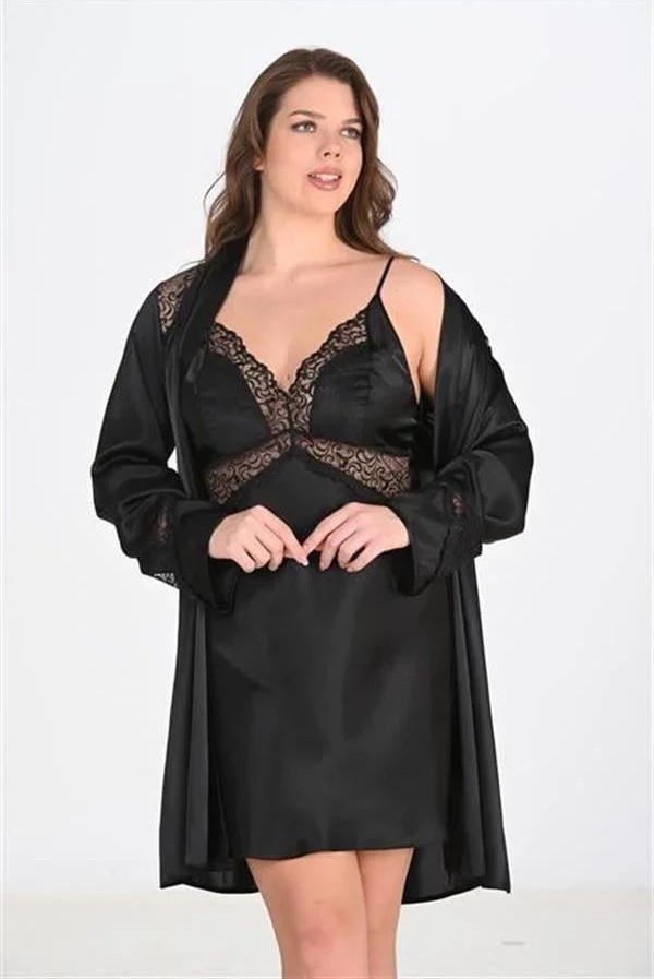 Ang Butik Premium Büyük Beden Saten Dantel Işlemeli Siyah 2'li Gecelik Sabahlık Takımı Bigsize görsel 2