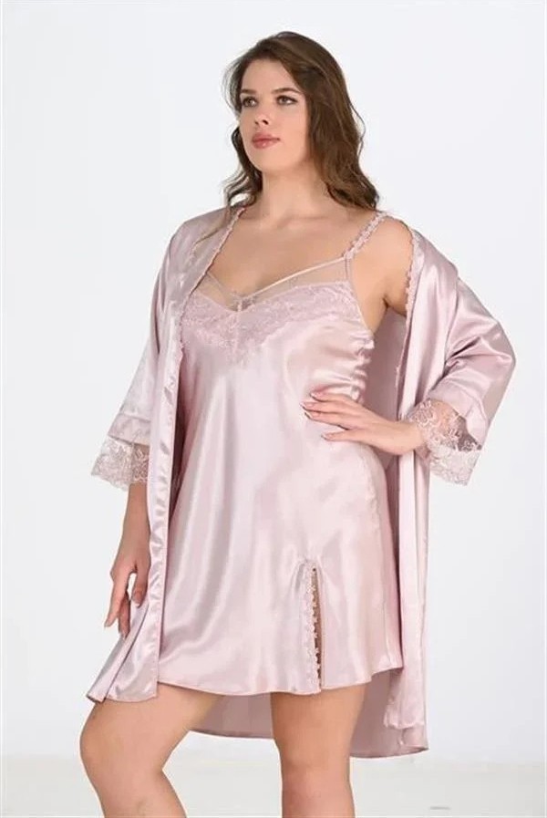 Ang Butik Premium Büyük Beden Saten Dantel Işlemeli Pudra 2'li Gecelik Sabahlık Takımı Bigsize