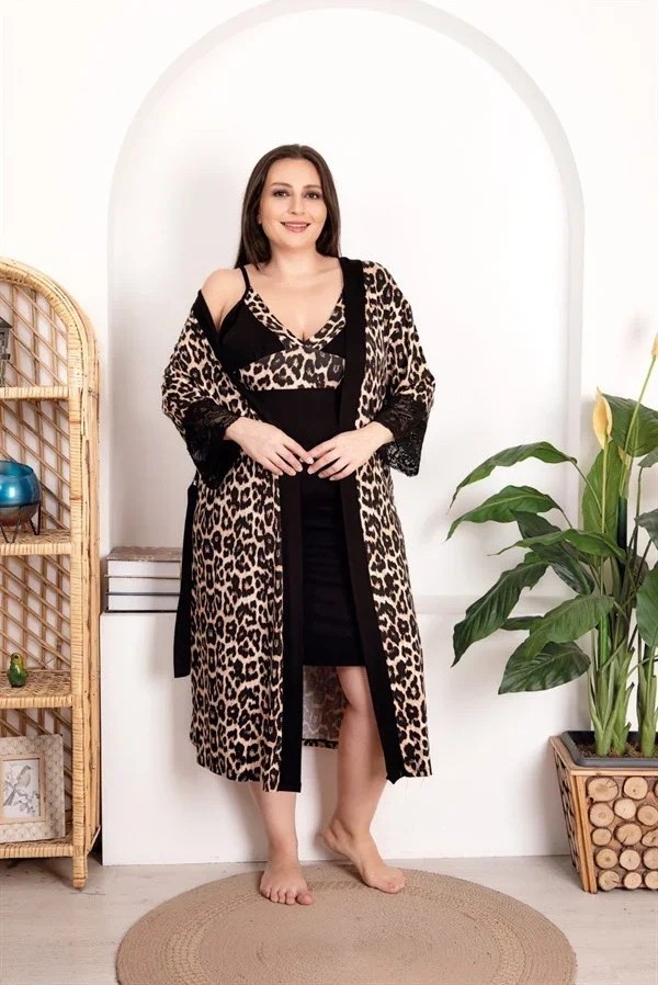 Ang Butik Büyük Beden Leopar Desenli Dantel Işlemeli 2'li Viskon Gecelik Sabahlık Takımı