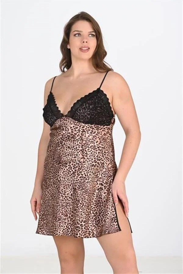Fantastik Store Premium Büyük Beden Saten Dantel Işlemeli Leopar 2'li Gecelik Sabahlık Takımı Bigsize görsel 2