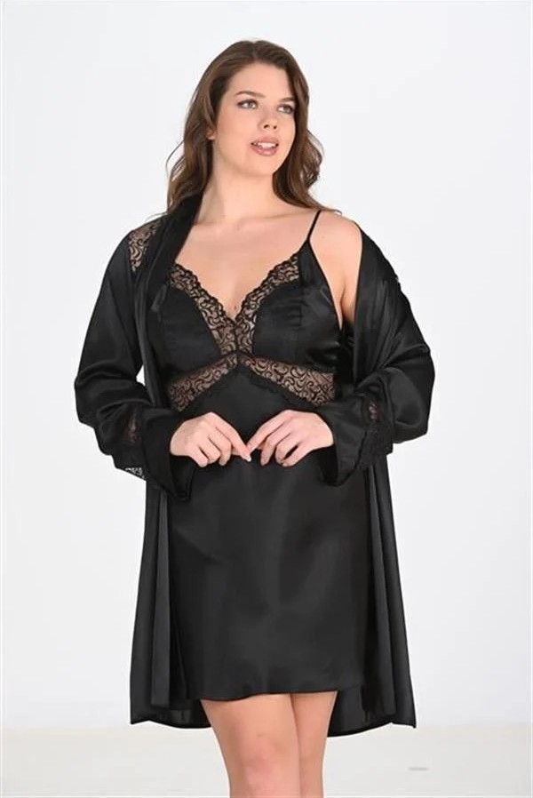 Fantastik Store Premium Büyük Beden Saten Dantel Işlemeli Siyah 2'li Gecelik Sabahlık Takımı Bigsize görsel 2