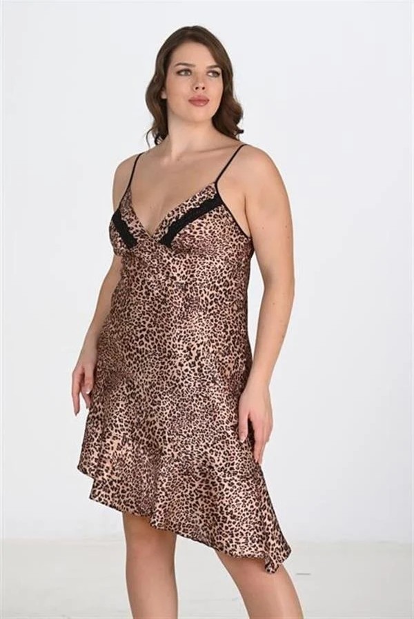 Fantastik Store Premium Büyük Beden Saten Leopar Gecelik Bigsize