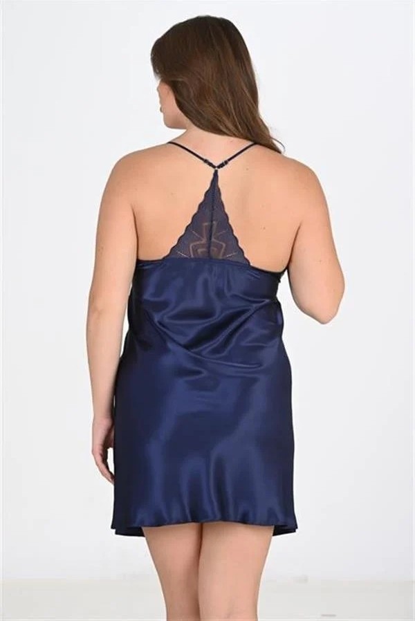 Fantastik Store Premium Büyük Beden Saten Dantel Işlemeli Lacivert 2'li Gecelik Sabahlık Takımı Bigsize