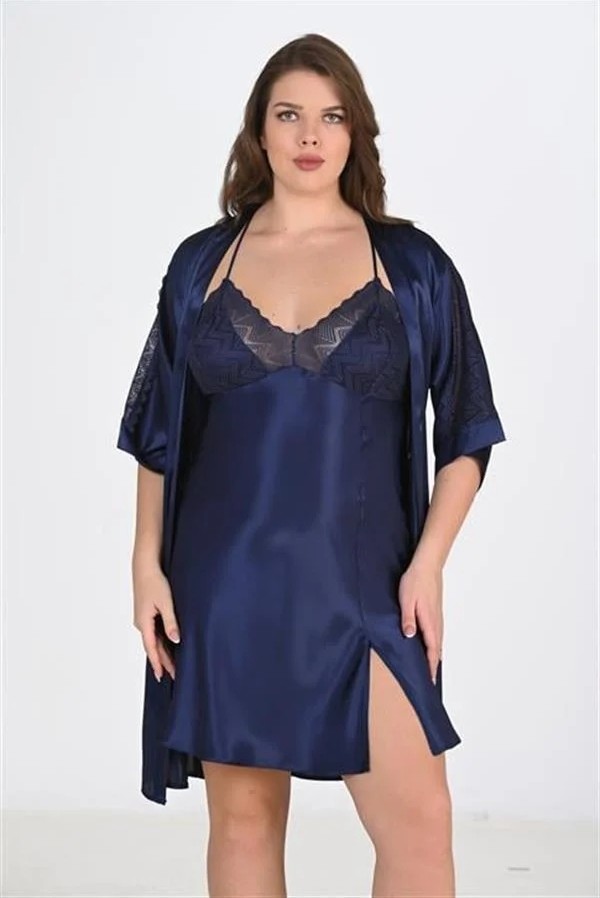 Fantastik Store Premium Büyük Beden Saten Dantel Işlemeli Lacivert 2'li Gecelik Sabahlık Takımı Bigsize görsel 2