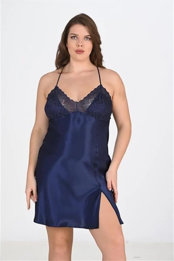 Fantastik Store Premium Büyük Beden Saten Dantel Işlemeli Lacivert 2'li Gecelik Sabahlık Takımı Bigsize görsel 3