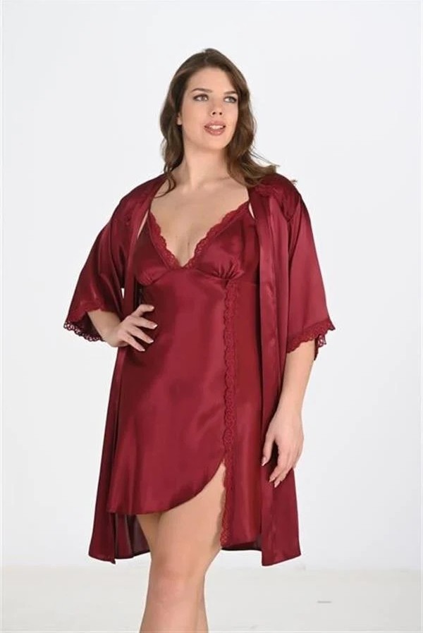 Fantastik Store Premium Büyük Beden Saten Dantel Işlemeli Bordo 2'li Gecelik Sabahlık Takımı Bigsize görsel 2