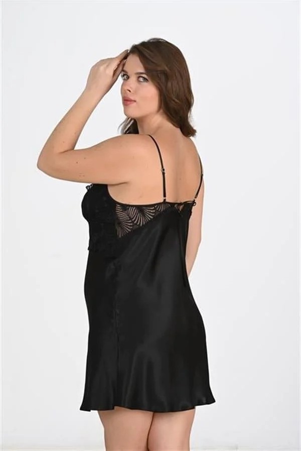 Fantastik Store Premium Büyük Beden Saten Dantel Işlemeli Siyah 2'li Gecelik Sabahlık Takımı Bigsize görsel 2