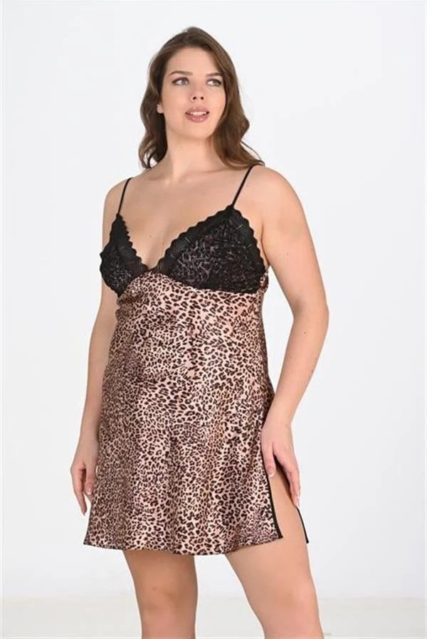Ang Butik Premium Büyük Beden Saten Dantel Işlemeli Leopar 2'li Gecelik Sabahlık Takımı Bigsize görsel 2