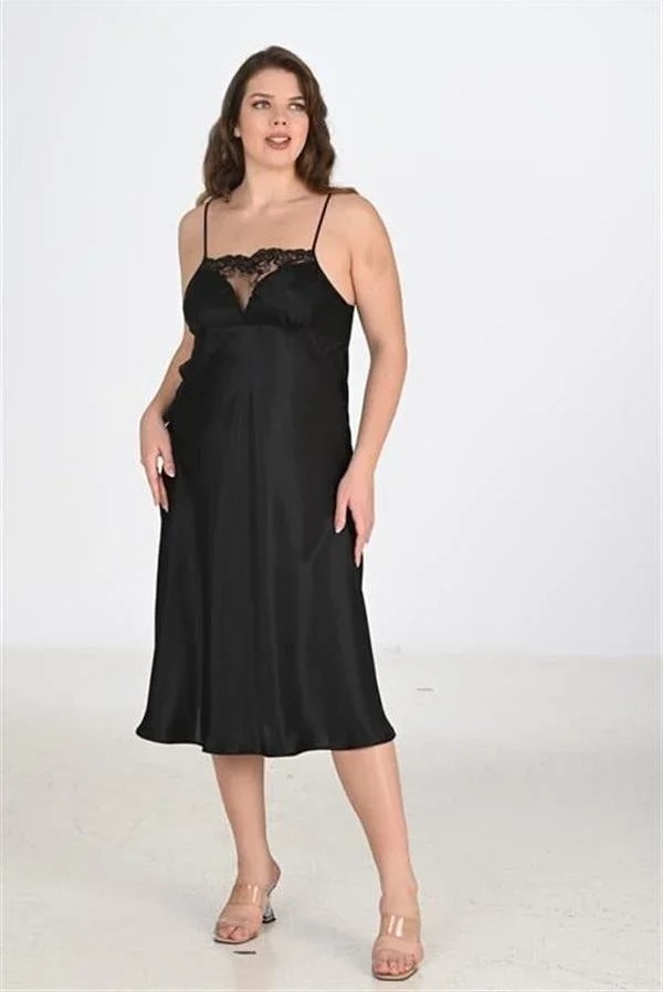 Ang Butik Premium Büyük Beden Saten Dantel Işlemeli Siyah 2'li Gecelik Sabahlık Takımı Bigsize görsel 3