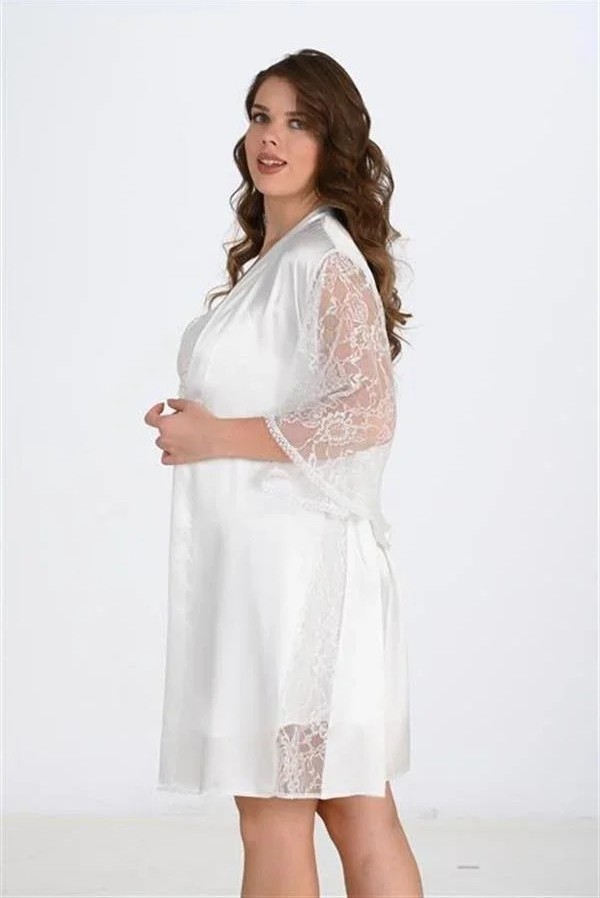 Ang Butik Premium Büyük Beden Saten Dantel Işlemeli Ekru 2'li Gecelik Sabahlık Takımı Bigsize görsel 2