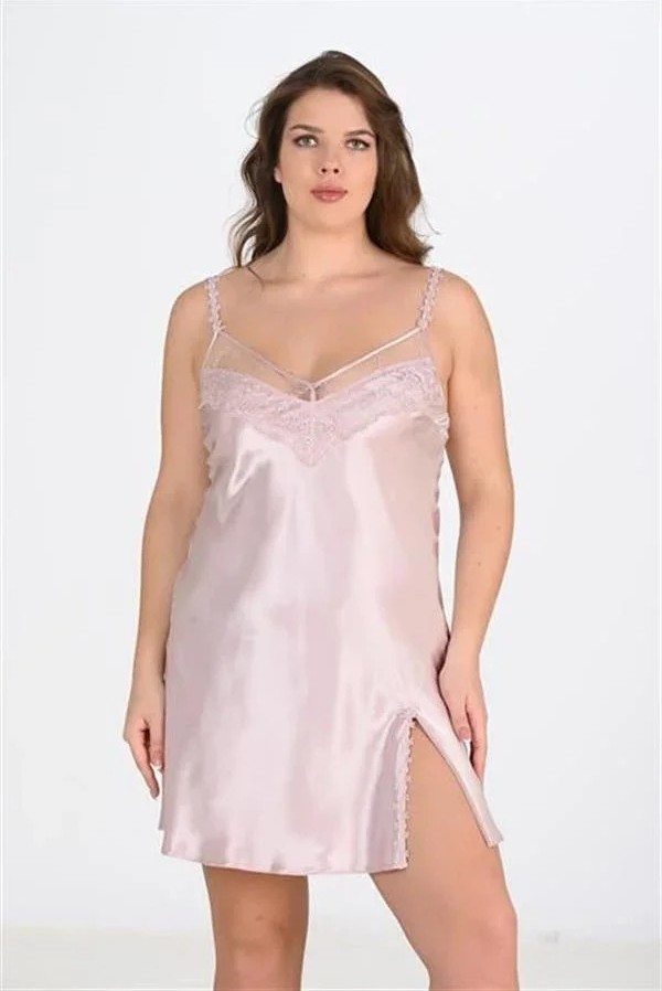 Ang Butik Premium Büyük Beden Saten Dantel Işlemeli Pudra 2'li Gecelik Sabahlık Takımı Bigsize görsel 2