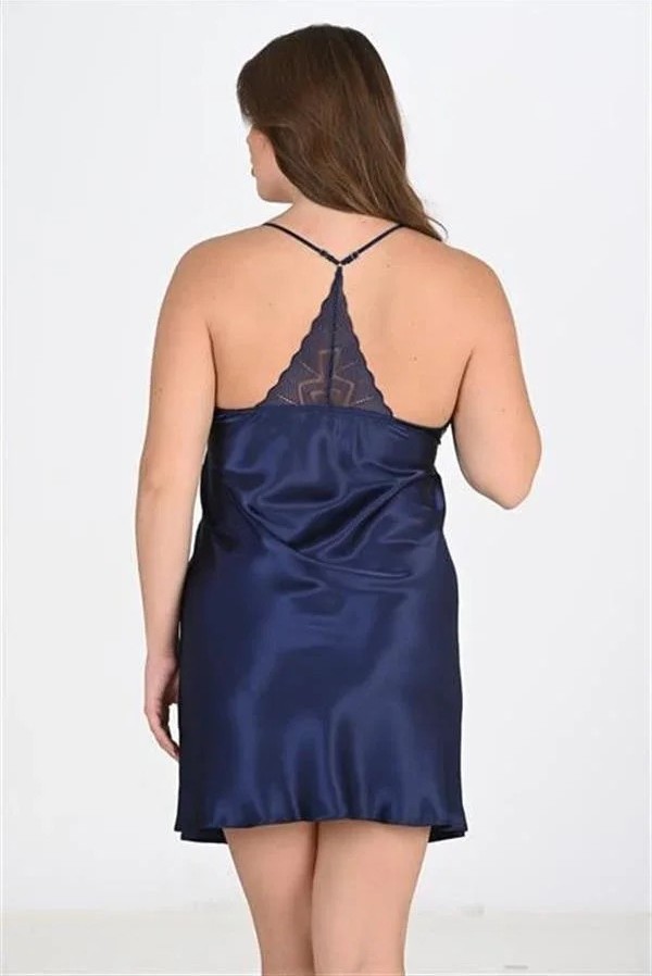 Ang Butik Premium Büyük Beden Saten Dantel Işlemeli Lacivert 2'li Gecelik Sabahlık Takımı Bigsize