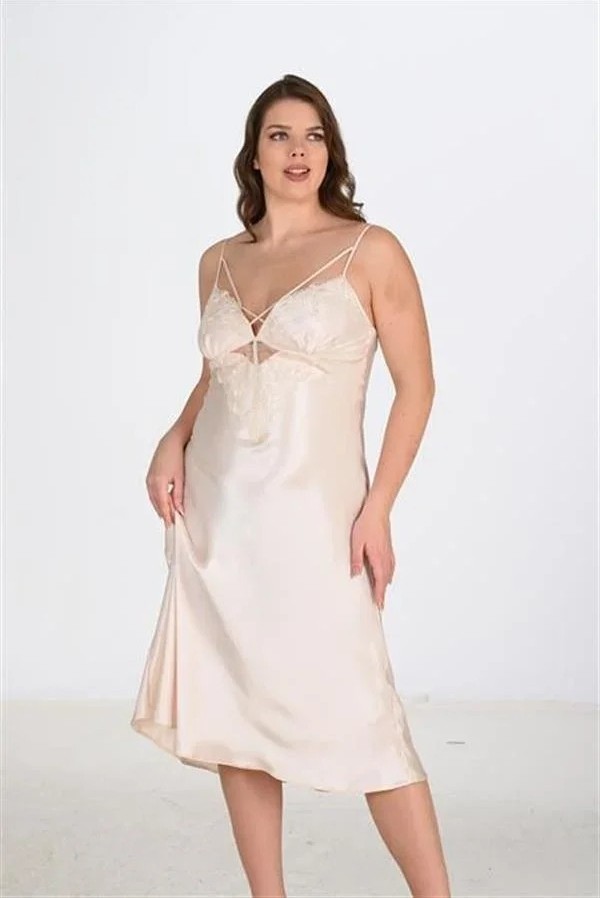 Ang Butik Premium Büyük Beden Saten Dantel Işlemeli Fil Dişi Uzun 2'li Gecelik Sabahlık Takımı Bigsize görsel 3