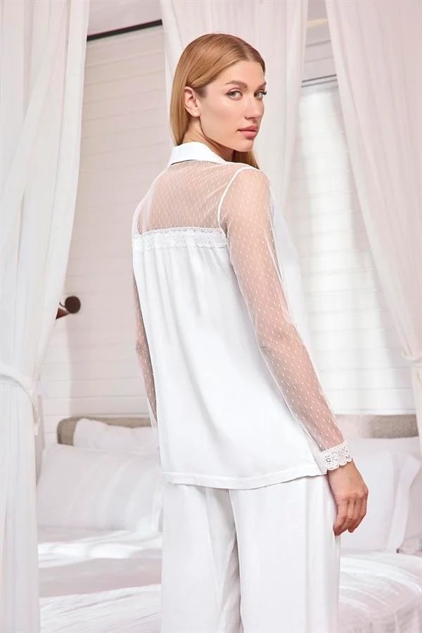 Aesco Arias Closet Dantelli ve Tüllü Uzun Kollu Önü Düğmeli Saten Pijama Takımı görsel 8