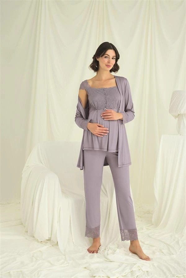 Nevamel ® Dantelli Önü Düğmeli Hamile Lohusa 3'lü Pijama Takımı görsel 2