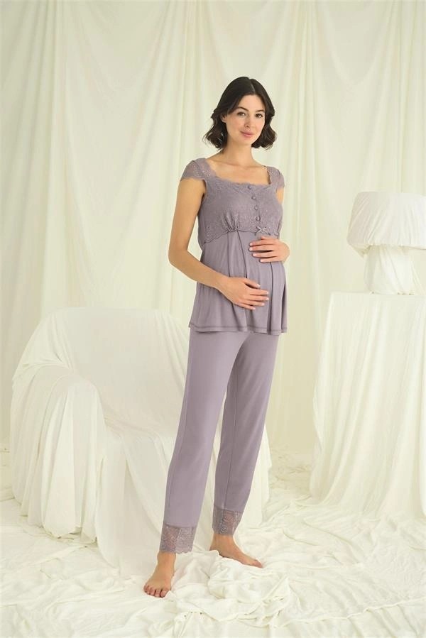 Nevamel ® Dantelli Önü Düğmeli Hamile Lohusa 3'lü Pijama Takımı görsel 5