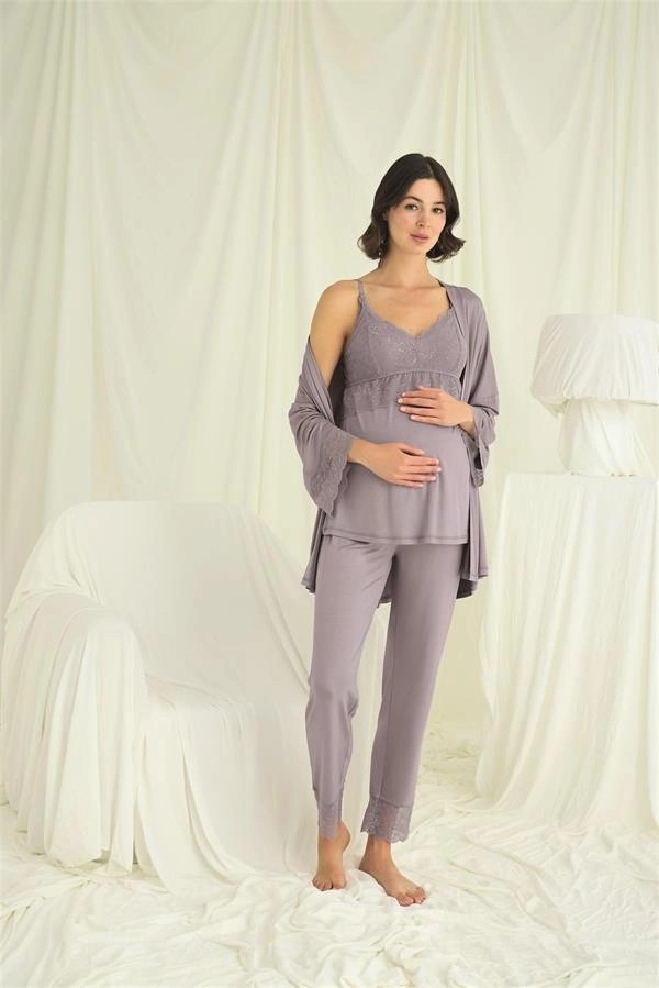 Nevamel ® Dantelli Hamile Lohusa 3'lü Pijama Takımı görsel 4