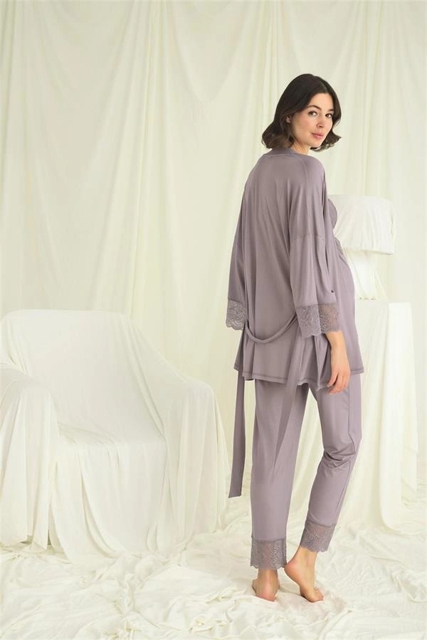 Nevamel ® Dantelli Hamile Lohusa 3'lü Pijama Takımı görsel 5