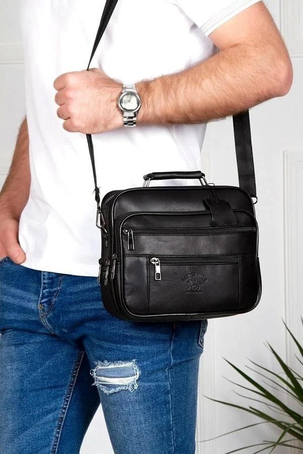 Newish Polo Erkek Hakiki Deri Çelik Kasalı Omuz ve El Çantası Büyük Boy, Siyah - NEWPOLO417