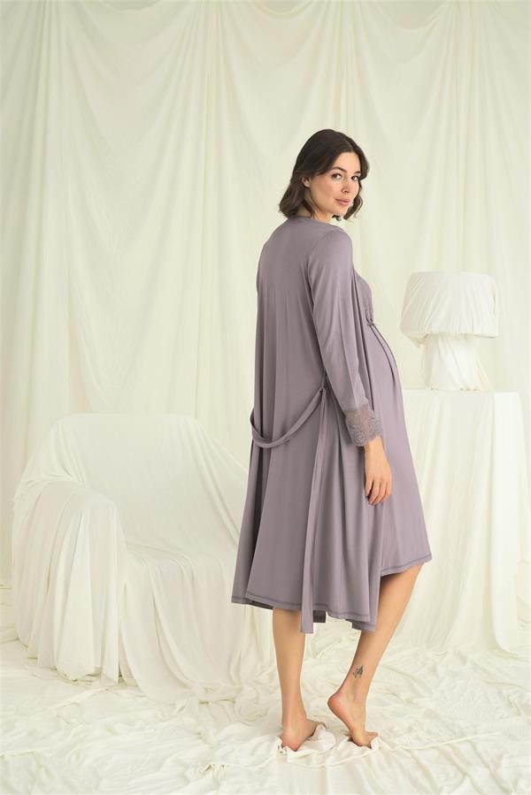 Aria's Closet Arias Closet Dantelli Önü Düğmeli Hamile Lohusa Sabahlık Takımı görsel 6