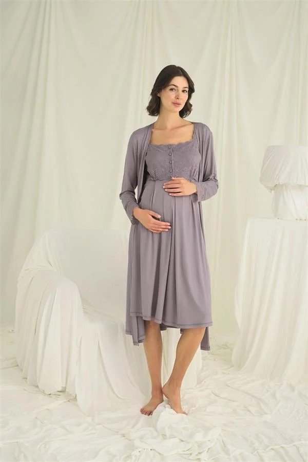 Cotton Soft Dantelli Önü Düğmeli Hamile Lohusa Sabahlık Takımı görsel 2