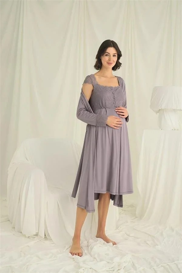 Cotton Soft Dantelli Önü Düğmeli Hamile Lohusa Sabahlık Takımı görsel 4