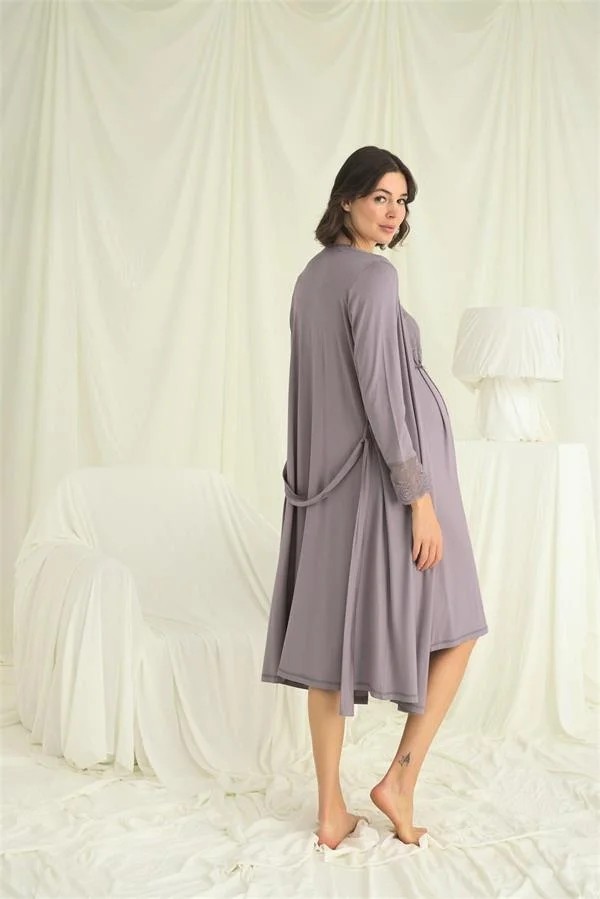 Cotton Soft Dantelli Önü Düğmeli Hamile Lohusa Sabahlık Takımı görsel 6