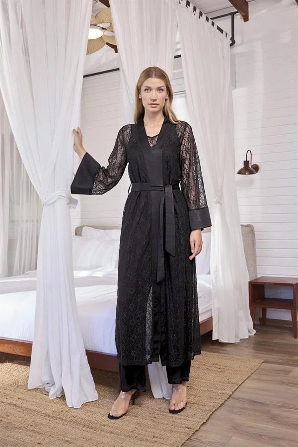 Ang Butik Uzun Kollu Dantelli ve Kuşaklı Sabahlık