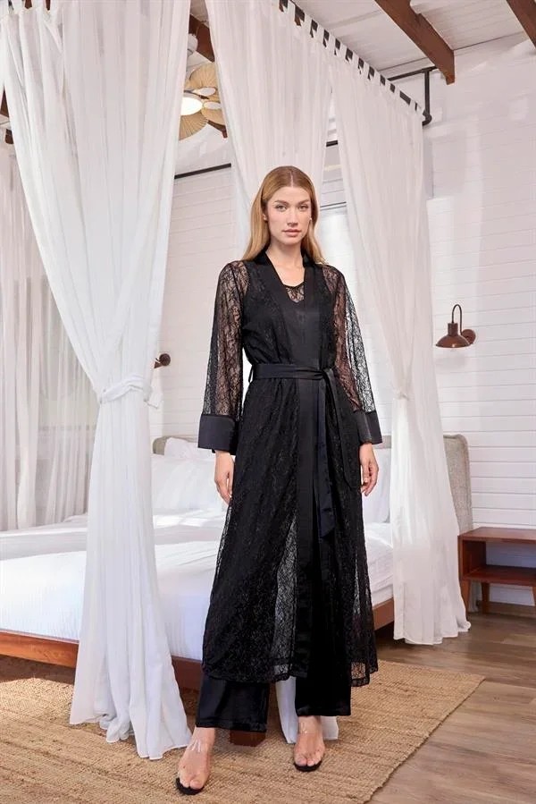 Ang Butik Uzun Kollu Dantelli ve Kuşaklı Sabahlık görsel 2
