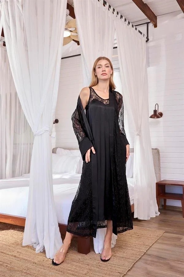 Ang Butik %100 Viskon Dantelli ve Dekolteli Saten Sabahlık Takımı görsel 2