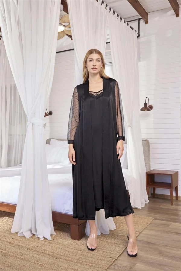Ang Butik Dantelli Tüllü ve Dekolteli Saten Sabahlık Takımı
